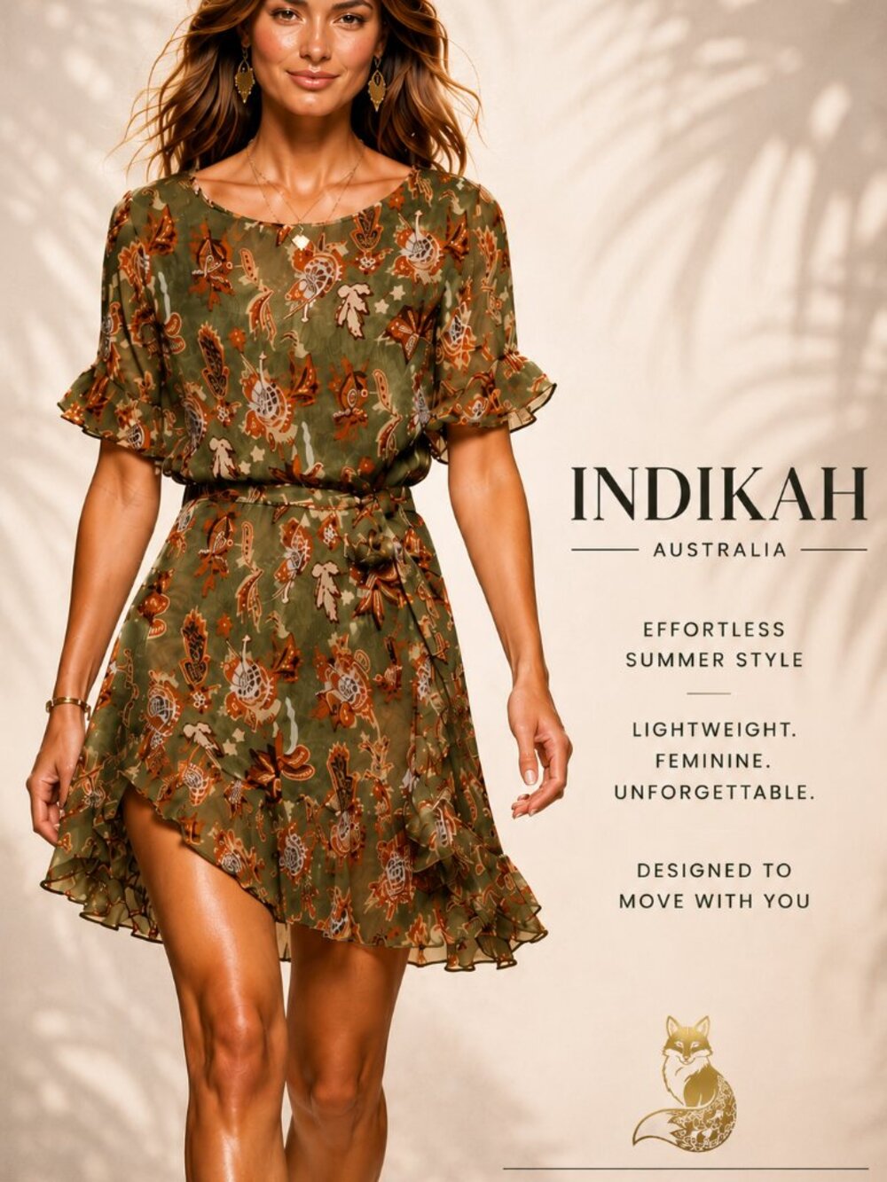 Indikah Australia Botanical Tie Waist Ruffle Mini Dress S NWOT
